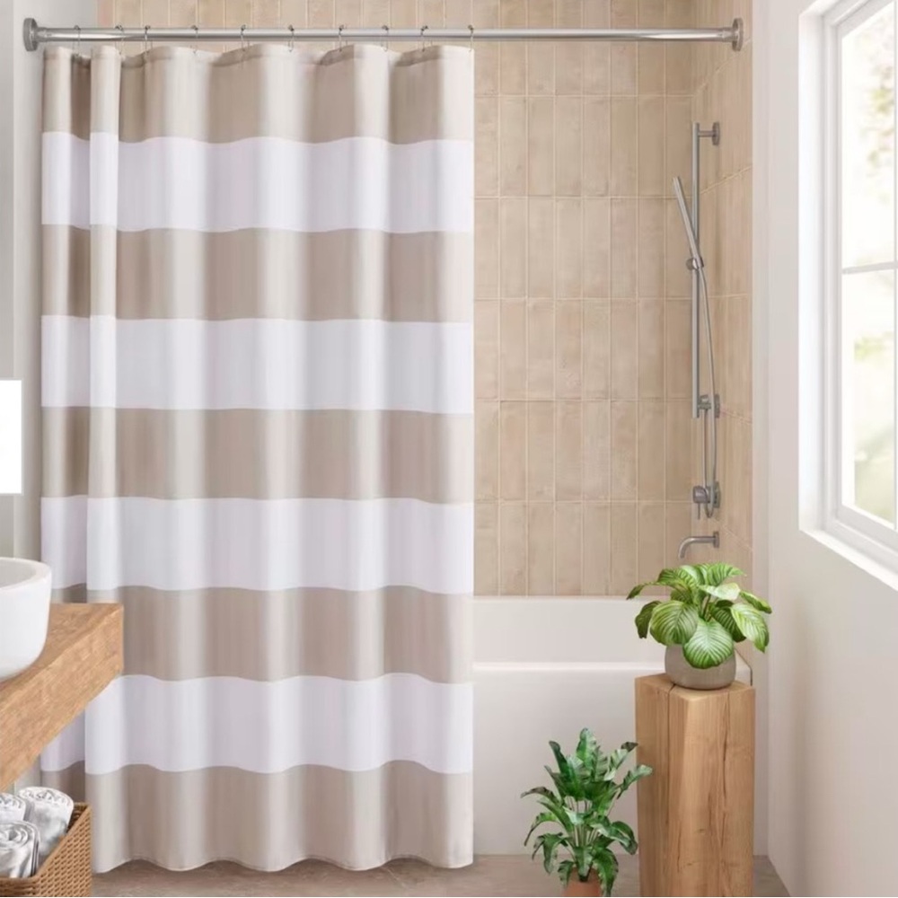 NEW Urban Habitat White and Tan Shower Curtain Set with Hooks